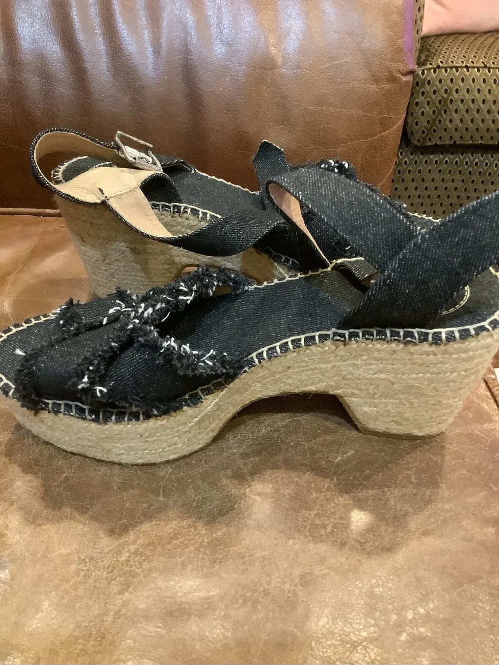 Toni Pons Espadrille Sandals Block Heel Open Toe Dark Blue Denim Size 9 (40) NEW